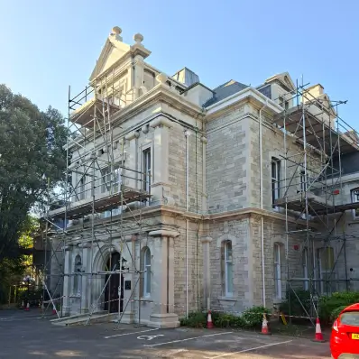 Exterior painting of a period property in Bournemouth with scaffolding access